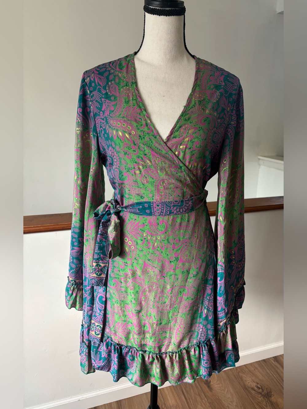 Boho Silk Multicolor Paisley Wrap Dress